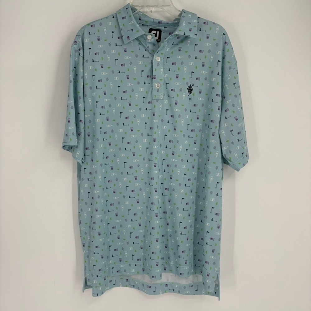 FootJoy FJ Golf Polo Shirt Men's Large Blue Flag Wine Cup‎ Fruit Print Golf